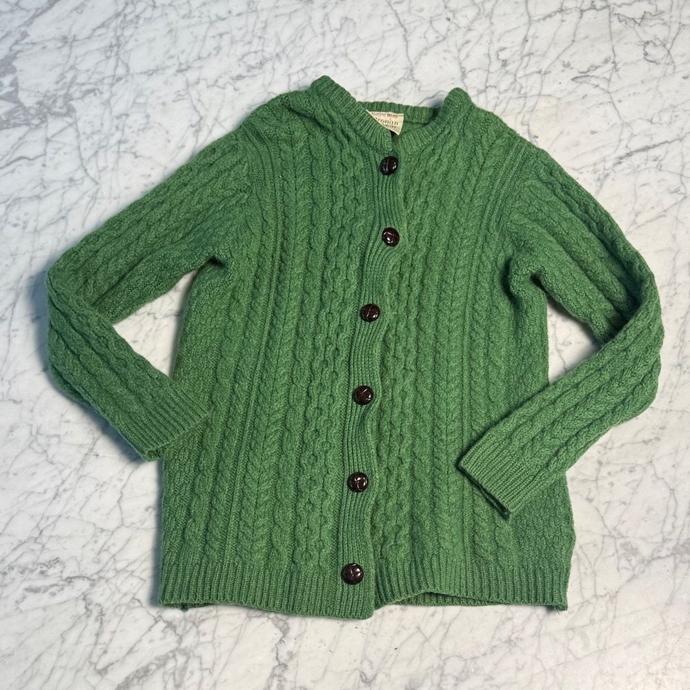 Kilronan Knit Wear Cable Knit Women's Cardigan 100% Wool Sweater Sz S Green